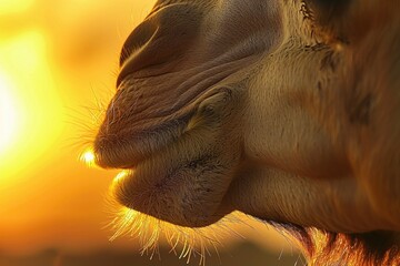 Aufkleber - Close up of a camel's face with the sun in the background. Ideal for travel or wildlife concepts