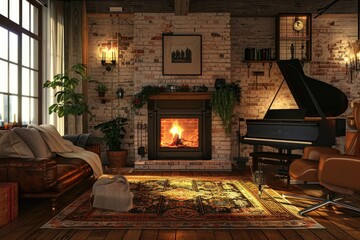 Poster - A warm and inviting living room with a fireplace. Perfect for home decor or interior design projects
