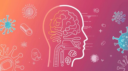Poster - An illustration of a human head with a brain and surrounding microorganisms. Suitable for medical or scientific concepts