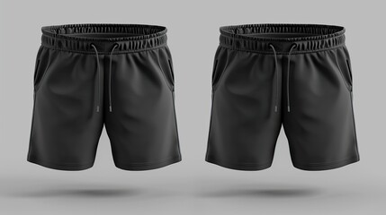 Wall Mural - 3D rendering of a blank black men's shorts mockup, displaying both front and side views. It's an empty template for basic male boxers or cargo pants, ideal for summer wear.