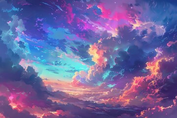 Aufkleber - A beautiful painting of a colorful sky with fluffy clouds. Perfect for backgrounds or nature-themed designs
