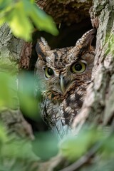 Poster - Close up of an owl in a tree, suitable for nature themes