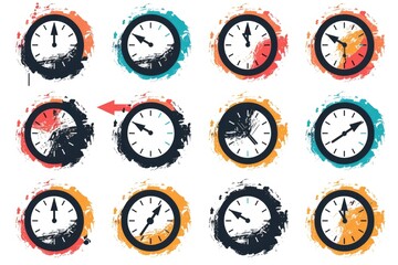 Poster - Set of nine different clock faces in various colors. Suitable for time management concepts