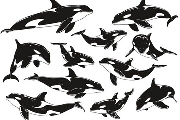 Sticker - A group of majestic orca whales swimming in the ocean. Suitable for nature and wildlife themes