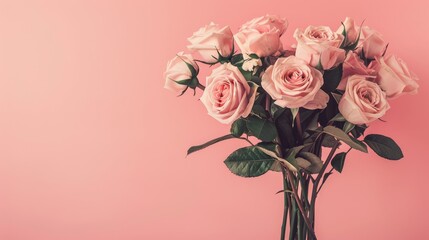 Canvas Print - Adorned with a stunning bouquet of pink roses set against a pastel pink background table this image is perfect for celebrating occasions like birthdays weddings Mother s Day Valentine s Day