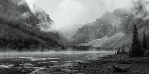 Poster - Scenic black and white photo of a tranquil lake and majestic mountains. Ideal for travel or nature themed designs