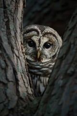 Poster - Close-up of an owl sitting in a tree, suitable for nature themes