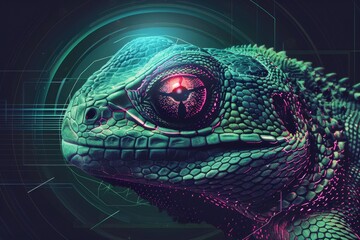 Poster - Close up of a lizard's head with a glowing eye. Perfect for nature and wildlife themes