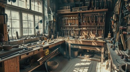 Poster - Workbench filled with various tools, suitable for DIY projects. Great for construction or repair concepts