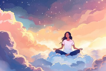 Poster - A woman sitting on a cloud in the sky. Perfect for dreamy and inspirational concepts