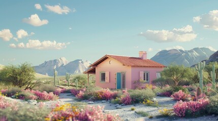 Canvas Print - A pink house standing in the desert with mountains in the background. Suitable for real estate or travel concepts