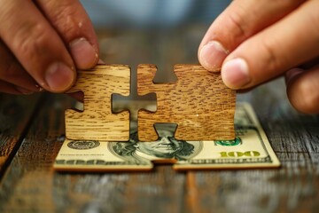 Poster - A person placing a puzzle piece on top of a hundred dollar bill. Suitable for financial concepts
