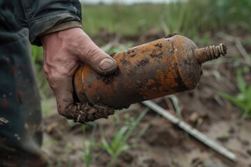 Sticker - A man holding a rusty pipe in a field. Suitable for industrial and construction themes