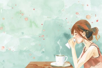 Wall Mural - Woman sitting at a table with a cup of coffee, suitable for lifestyle blogs and coffee shop promotions