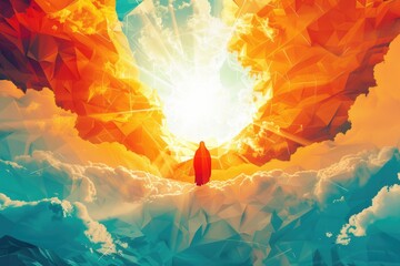 Poster - A person standing in the middle of a cloud-filled sky. Suitable for inspirational or dreamy concepts