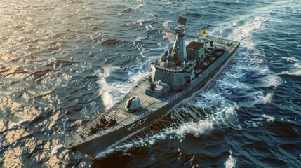 Poster - A navy ship sailing in the vast ocean. Suitable for military or travel concepts