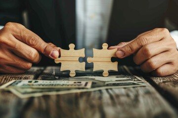 Poster - Person holding puzzle piece above stack of cash. Ideal for financial concepts