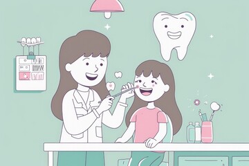 Sticker - A woman brushing a child's teeth with a toothbrush. Suitable for dental care concepts