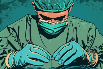 Poster - A man wearing a surgical mask and gloves cutting a piece of paper. Suitable for healthcare and safety concepts