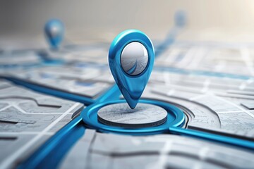 Poster - Close up of a blue pin on a map, useful for travel and navigation concepts
