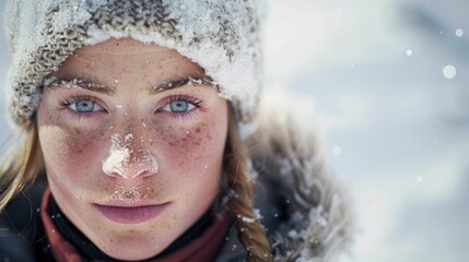 Wall Mural - The close up picture of the person looking at the camera with the white snow background in the middle of the snowy ice field, the skill require for ice field are fitness, ice safety knowledge. AIG43.