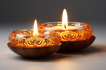 Two Diwali diya (Indian oil lamp) on white background. Indian Light Festival. Holiday design