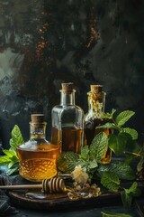 Poster - Bottles of honey and herbs, perfect for natural remedies and wellness concepts