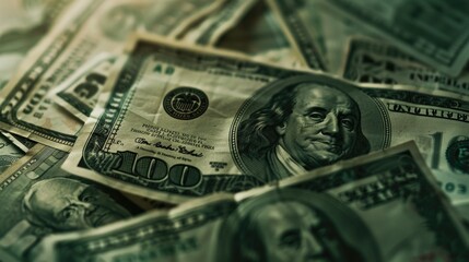 Poster - A pile of money sitting on a table. Suitable for financial concepts