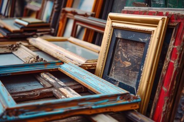 Poster - Collection of antique picture frames on a wooden table. Ideal for interior design projects