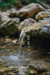 Sticker - A serene image of water flowing over rocks in a stream. Perfect for nature backgrounds