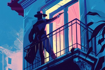 Aufkleber - A man standing on a balcony holding a gun. Suitable for crime or security concepts