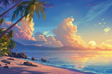 Poster - A serene painting of a tropical beach with swaying palm trees. Ideal for travel brochures or vacation websites