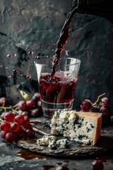 Poster - A glass of wine being poured into a glass filled with cheese and grapes. Great for food and drink concepts