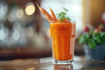 Poster - Freshly poured carrot juice in a glass on a table. Perfect for healthy lifestyle concepts