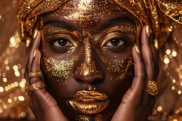 Poster - Close-up of a person with gold paint on their face. Suitable for beauty and makeup concepts