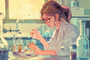 Poster - A woman in a lab coat holding a flask. Perfect for science and research concepts