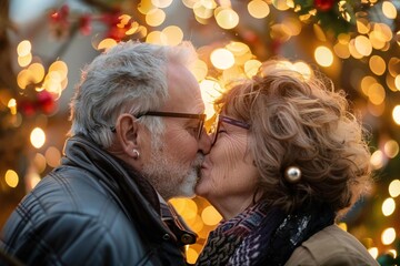 happy mature couple kissing in festive holiday love