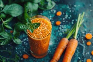 Poster - A glass of carrot juice next to a bunch of fresh carrots. Suitable for healthy eating concepts