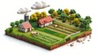 An isolated farm with crops on a cutaway piece of land is depicted, set against a backdrop of clouds. This 3D illustration showcases an empty green farm in an isometric farmland view.