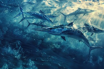 Poster - Group of fish swimming in the ocean. Suitable for marine life concepts