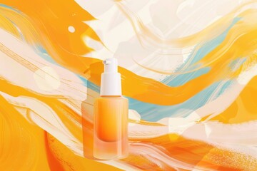 Poster - A bottle of liquid sitting on a colorful surface, perfect for product advertising