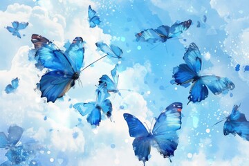 Poster - A group of blue butterflies flying in the sky. Suitable for nature and wildlife themes