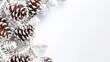   A pile of pine cones atop snow-covered pine cones on a white surface