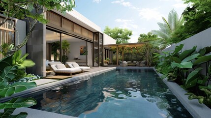 Exterior and interior design of a tropical pool villa with a lush green garden and bedroom, showcasing the home or house building.