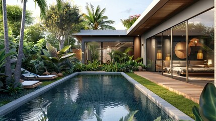 Wall Mural - Exterior and interior design of a tropical pool villa with a lush green garden and bedroom, showcasing the home or house building.