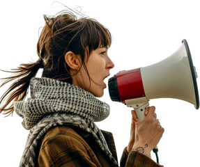 Woman shouting into red and white megaphone cut out on transparent background