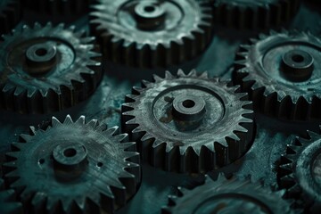 Poster - A bunch of gears sitting on top of a table. Suitable for industrial concepts