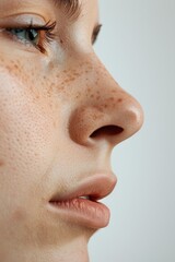 Poster - A detailed view of a woman's face with freckles. Suitable for beauty and skincare concepts
