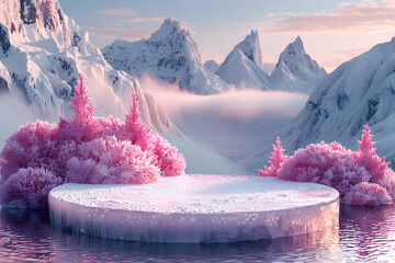 Ice frozen podium 3D mockup background for beauty product presentation. Snow winter transparent copy space platform surrounded by mountains. Cosmetics, perfume or home goods advertising stand.