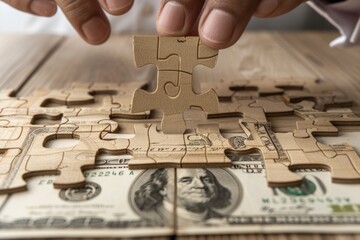 Poster - A person placing a puzzle piece on top of a pile of money. Suitable for financial concepts